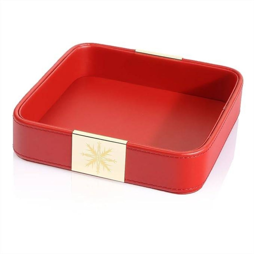 Sanzie‎ Red Faux Leather Square Valet Tray Gold Snowflake Catchall Organizer 7x7